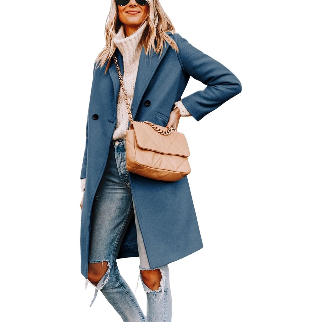 Women Blue Casual Wool Coat Winter Soft Notch Lapel Single-Breasted Peacoat